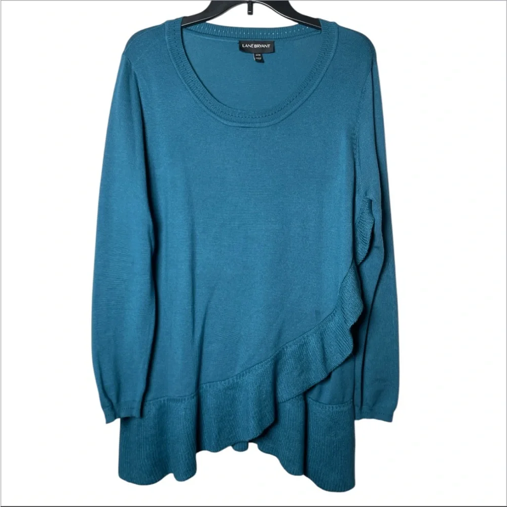 Lane Bryant Teal tiered Ruffle long sleeve lightweight knit sweater size 14/16 - Picture 2 of 5